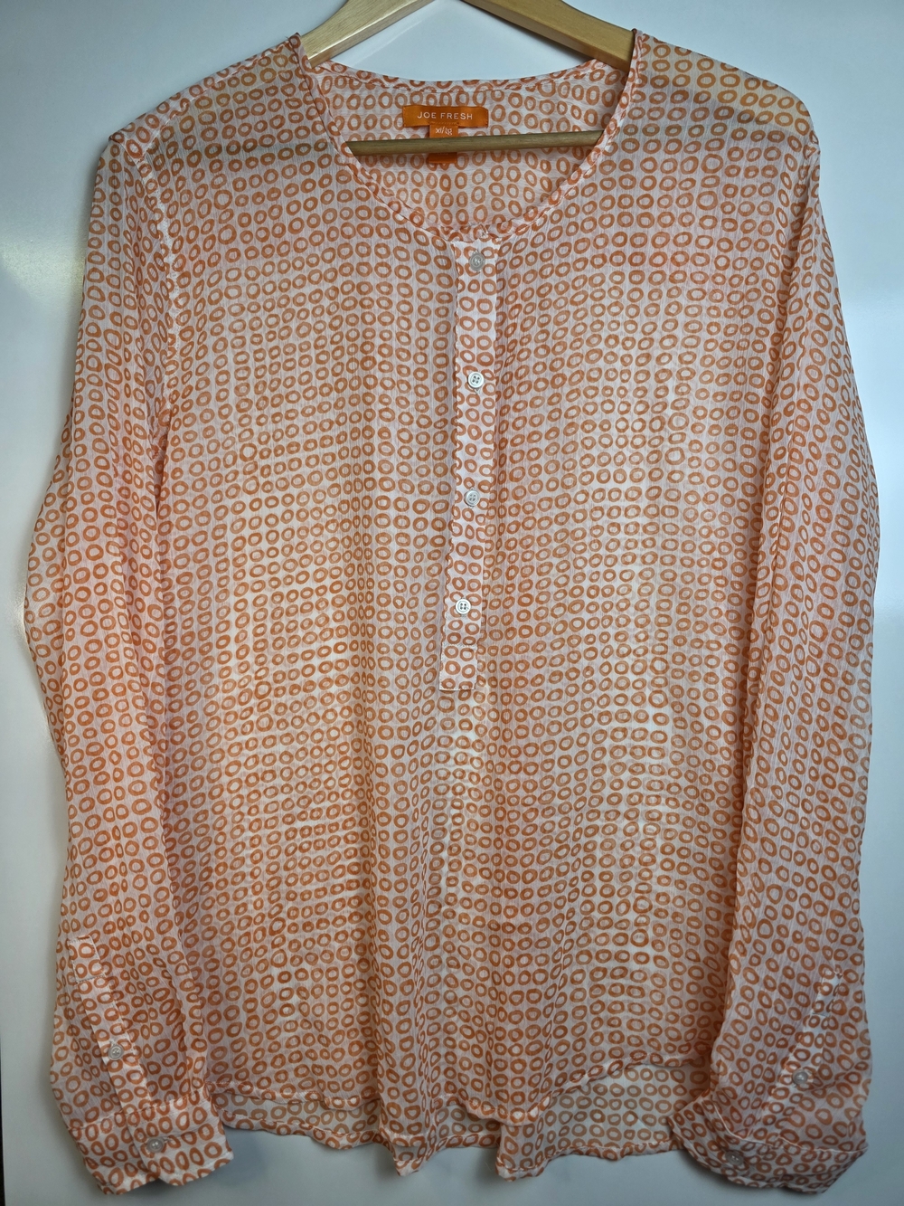 Joe Fresh Peach & White Geometric Print Blouse XL Lightweight Long Sleeve